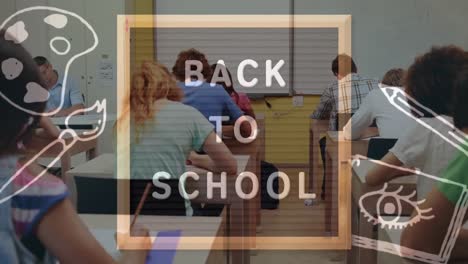 Back-to-school-text-on-wooden-slate-against-group-of-college-students-studying-in-class-at-college