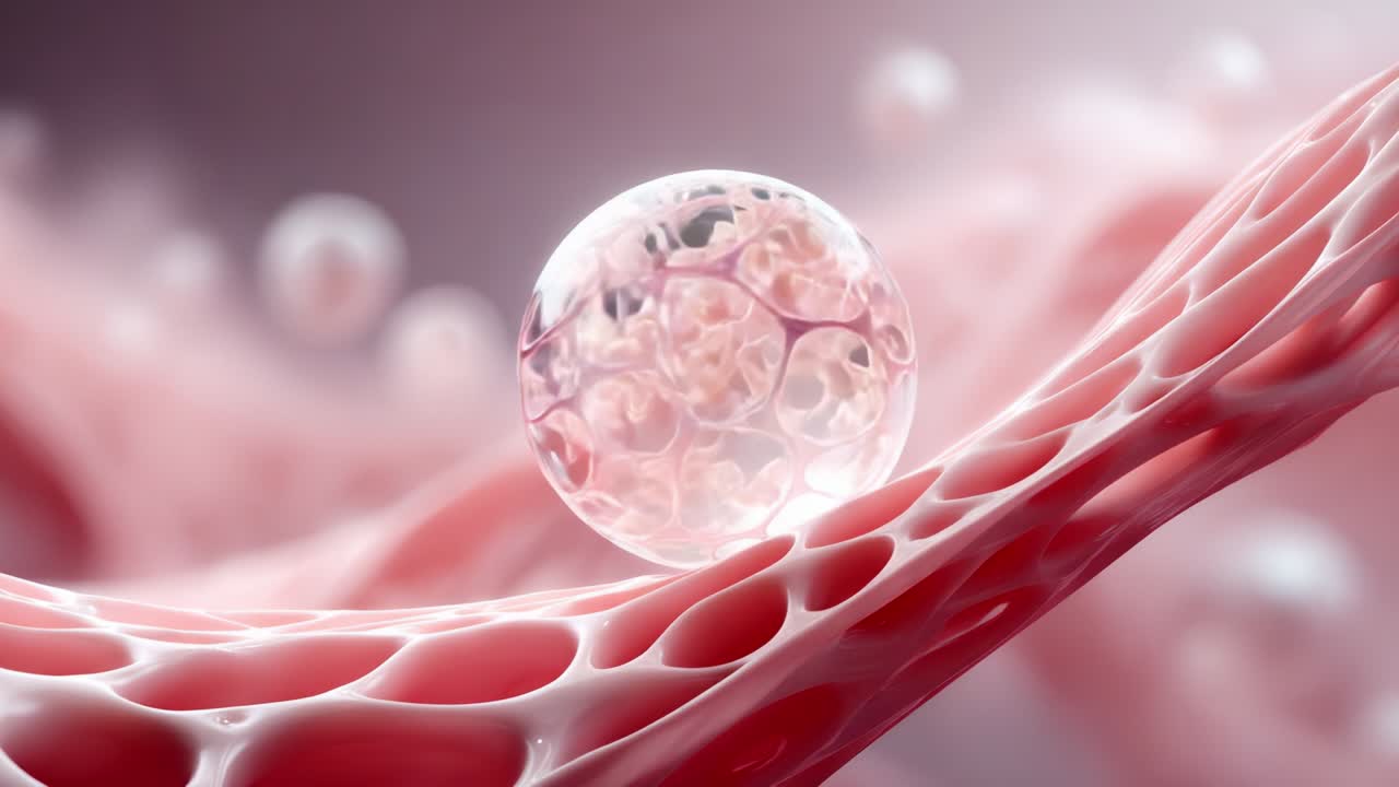 Microscopic Representation of Cellular Structures: An Intricate View of a Transparent Sphere Resting on a Complex Network of Organic Fibers, Highlighting the Beauty of Biological Elements and Their Interactions