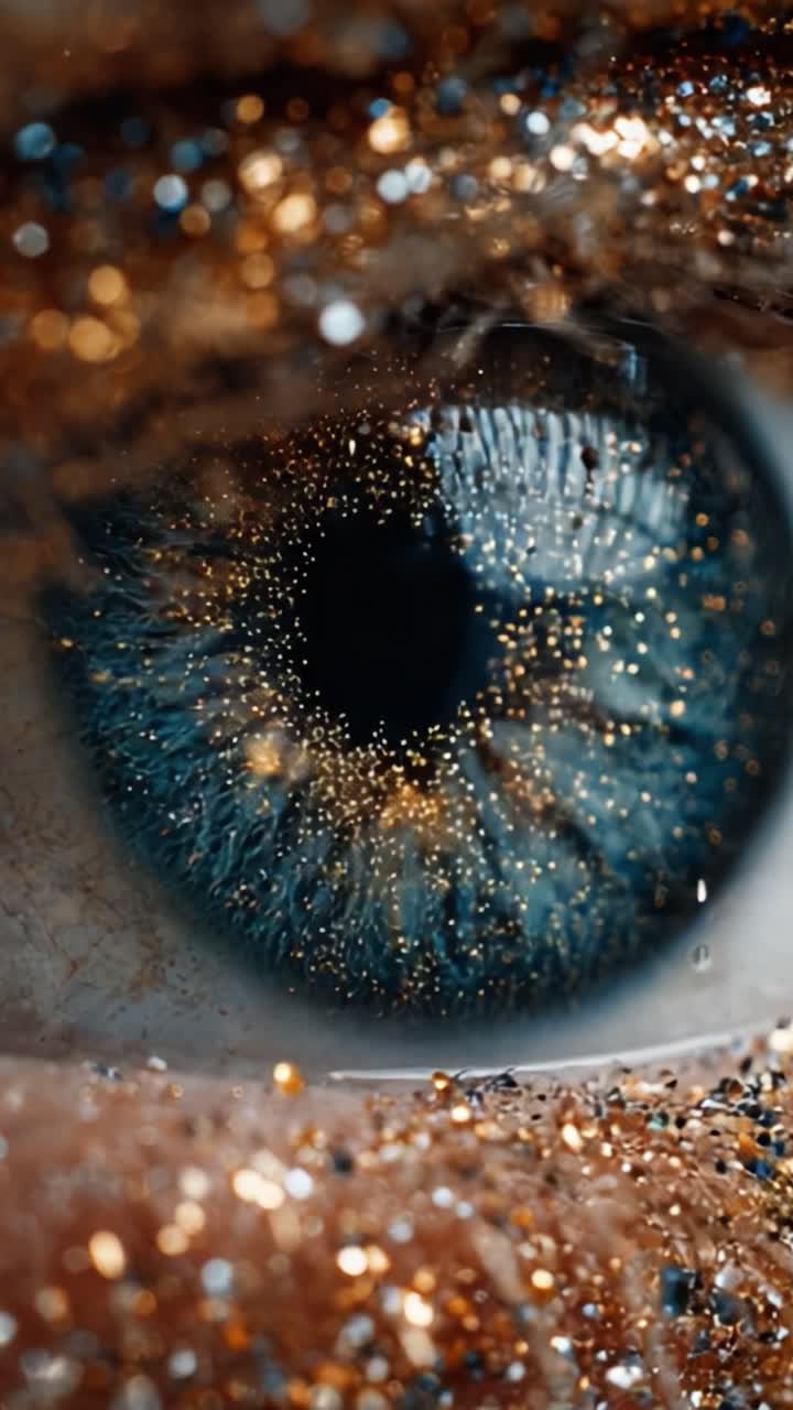A Stunning Close-Up Exploration of a Human Eye Revealing Sparkling Details and Vibrant Colors with Intricate Glitter Patterns Reflecting Light in Beautiful Composition