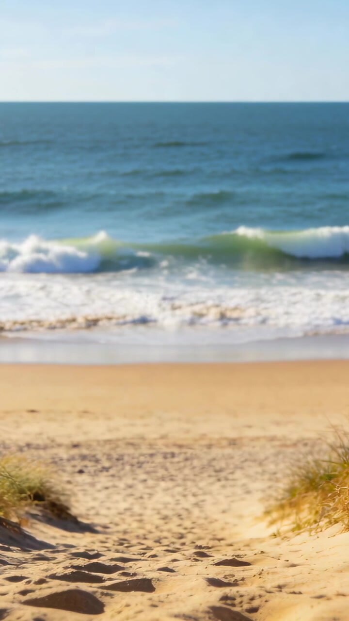 Vertical video: Showing dune path with prints and grass to shore, swell making waves washing sand