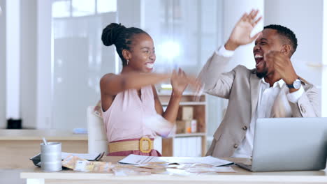 high five, money and business people
