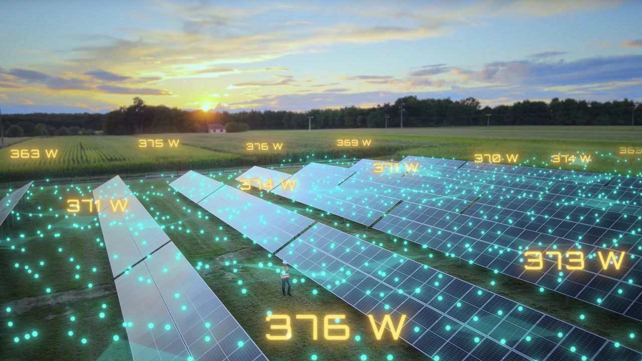 Animazione aerea di un parco solare che utilizza la tecnologia del gemello digitale per monitorare la produzione di energia in tempo reale dei singoli pannelli fotovoltaici, combinando l'infrastruttura di energia rinnovabile con l'analisi intelligente dei dati.