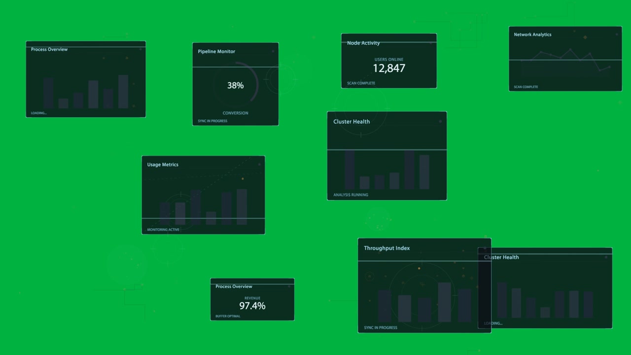 Network HUD loading on transparent bg linking nodes via dotted lines, showing panels for monitoring