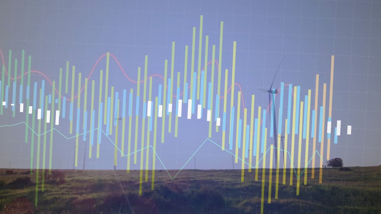 Sensor data starting, data overlay expanding over wind farm, bars rising, lines showing output