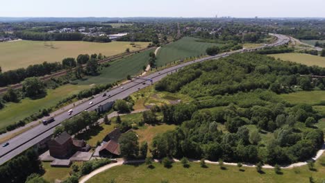 drone aerial view of autobahn a40 just outside of essen city, germany