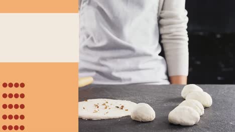 White-blank-board-and-orange-stripe-against-mid-section-of-person-preparing-pizza