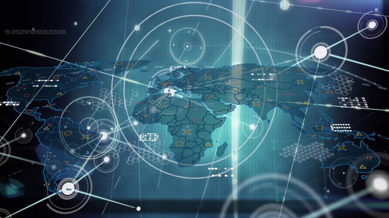 세계 지도 위의 연결 네트워크의 애니메이션과 검은색 배경에 대한 밝은 점