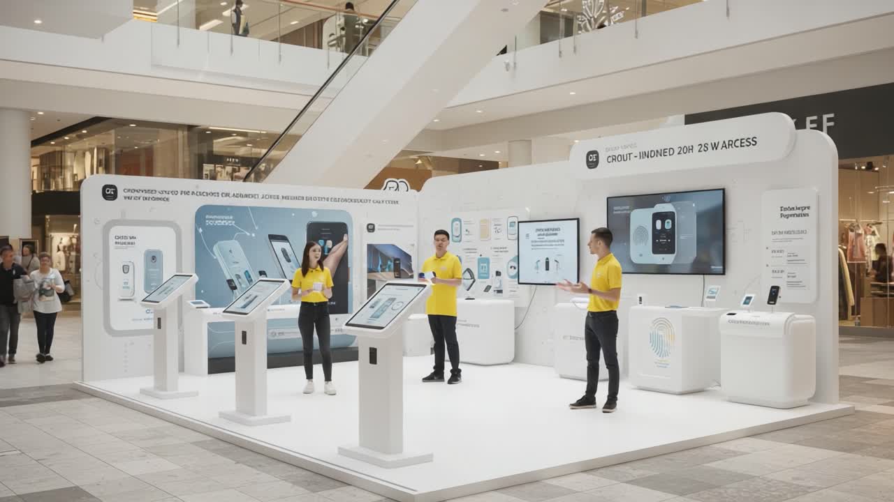 Innovative Technology Showcase: Engaging Presenters Demonstrate Cutting-Edge Features and Products at a Modern Interactive Display in a Shopping Mall Environment