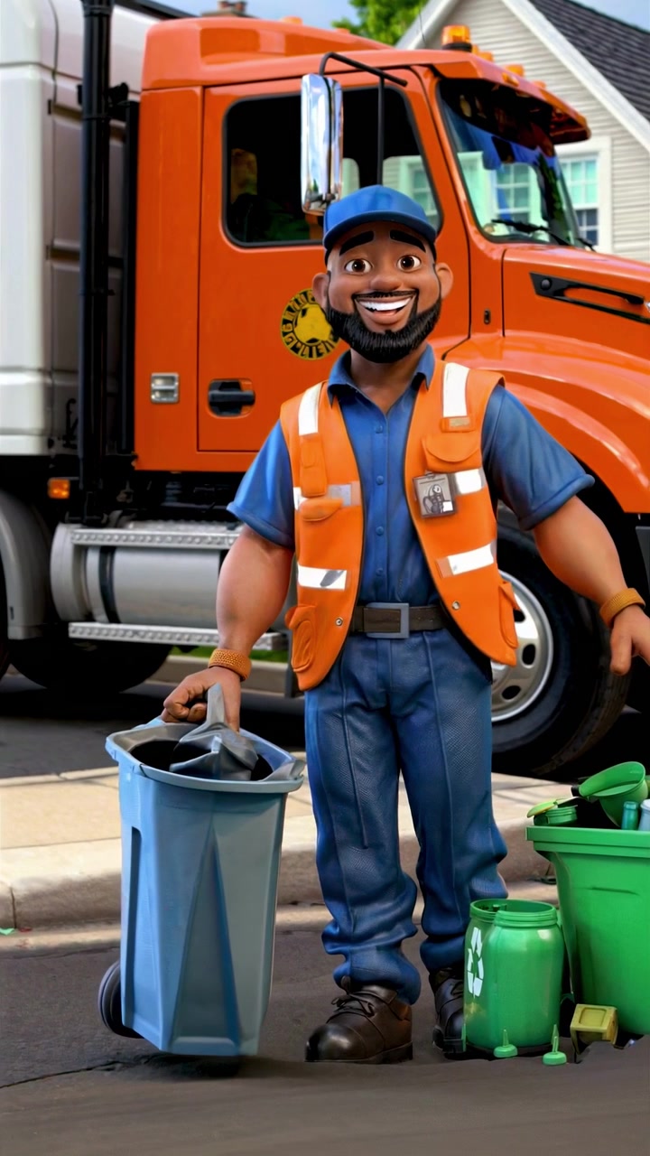 Operatore ecologico animato e sorridente con bidoni della raccolta differenziata e camion