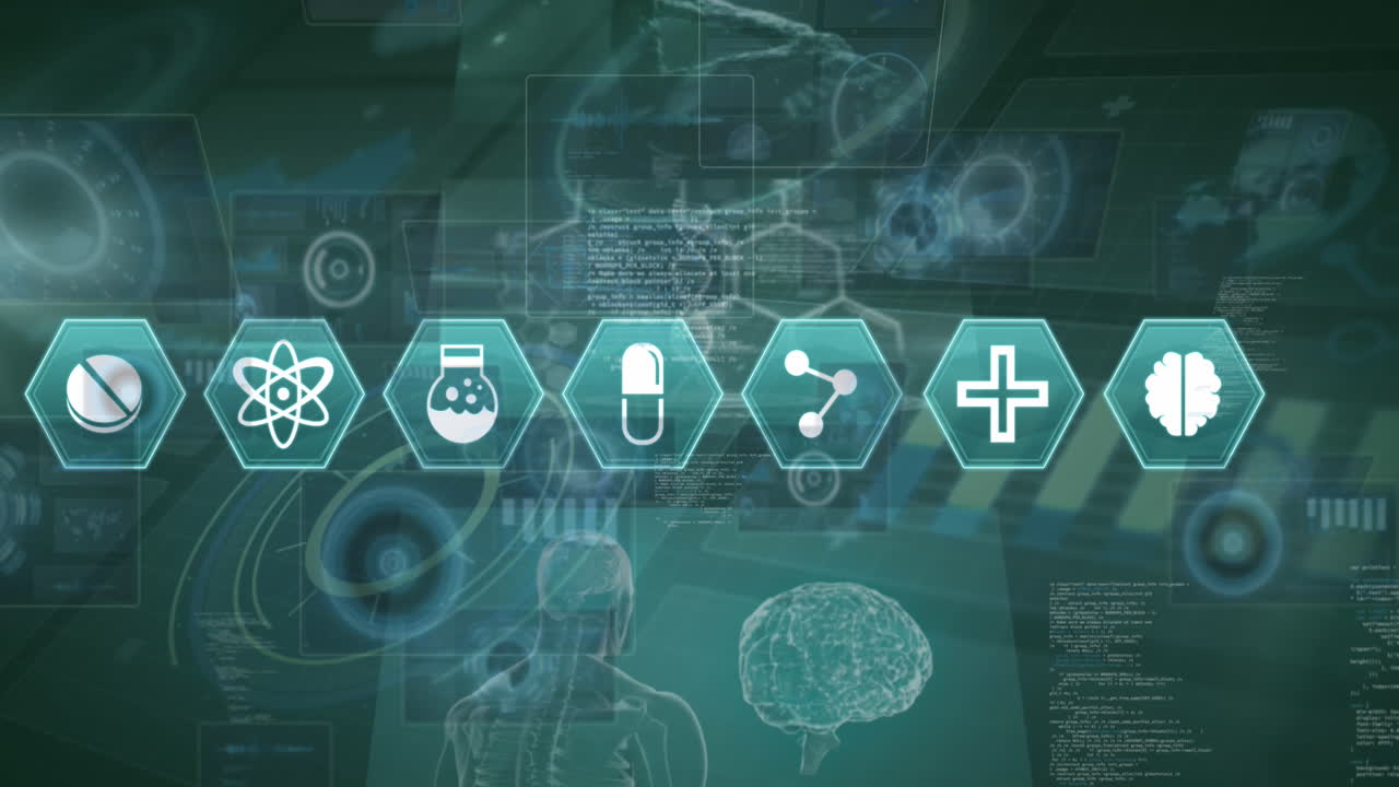 휴드 인터페이스 화면 위에 의료 아이콘이 있는 육각형의 애니메이션