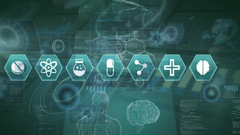 animación de hexágonos con iconos médicos sobre las pantallas de las interfaces de hud