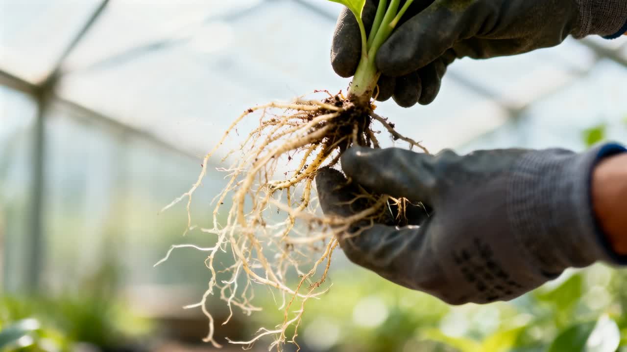 Lifting seedling, gardener wearing dark gloves teasing roots in greenhouse, checking transplant