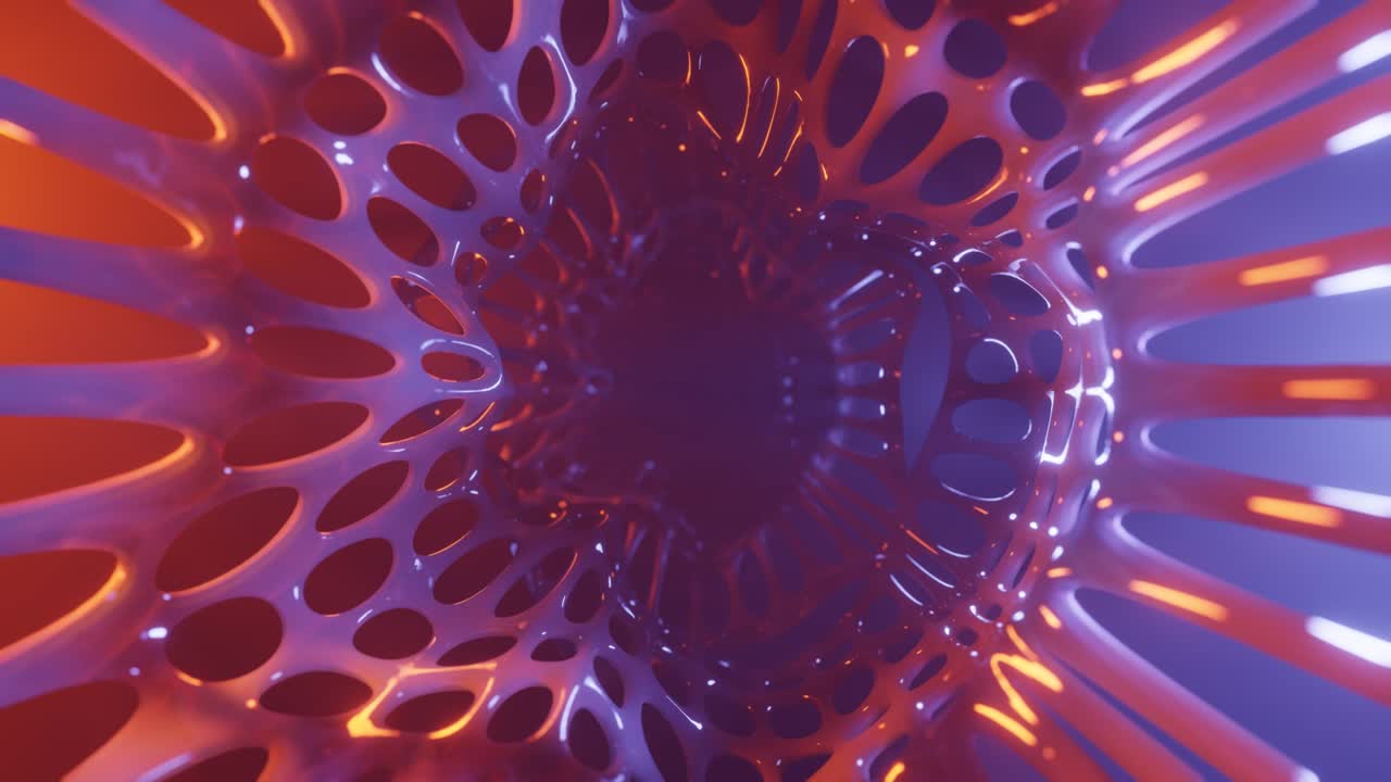 volando a través de un túnel orgánico de neón abstracto. bucle sin costuras 4k. brillo rojo subterráneo