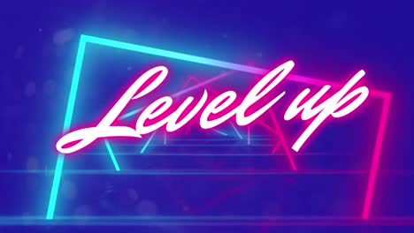 animation of level up text over illuminated geometric shape rotating on blue background