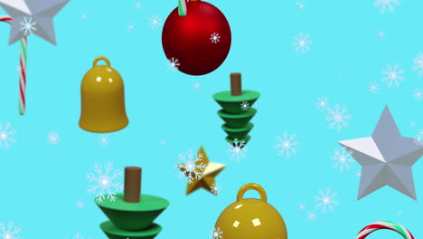animación de nieve cayendo sobre decoraciones de navidad sobre fondo azul