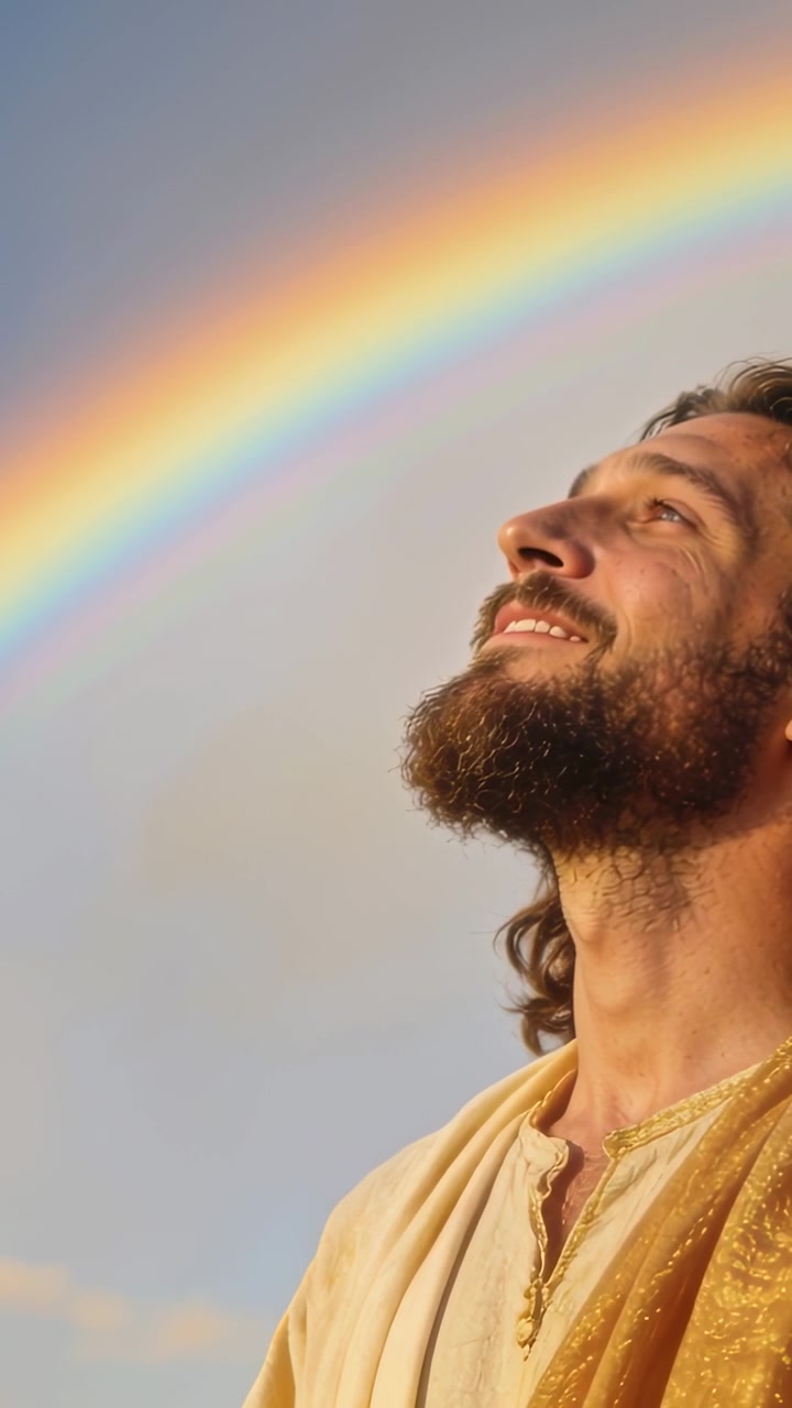 Video verticale: Uomo in tunica dorata che fissa l'arcobaleno, inclina la testa in su sorridendo, collana, spazio per il testo.