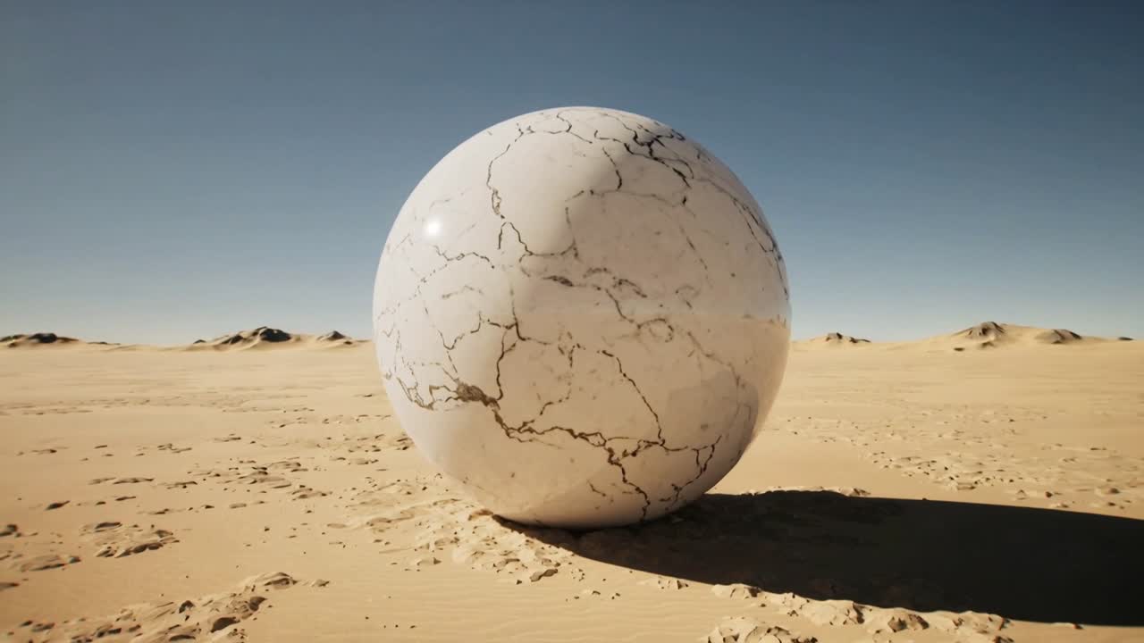 Esfera grande, brillante y blanca girando tras un paneo de cámara, rodando y posándose en una llanura arenosa, con destello solar.