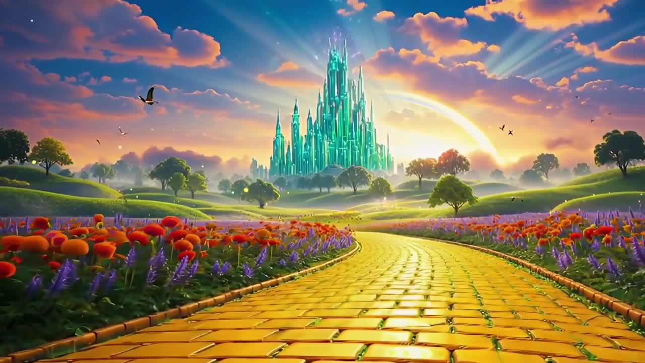 Paesaggio fantasy con un sentiero dorato che conduce a un castello, ripreso con video grandangolare