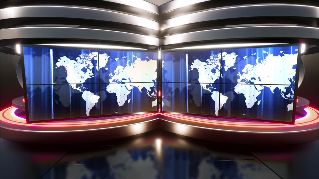 3D Virtual TV Studio News With Neon Lights In The Background Loop