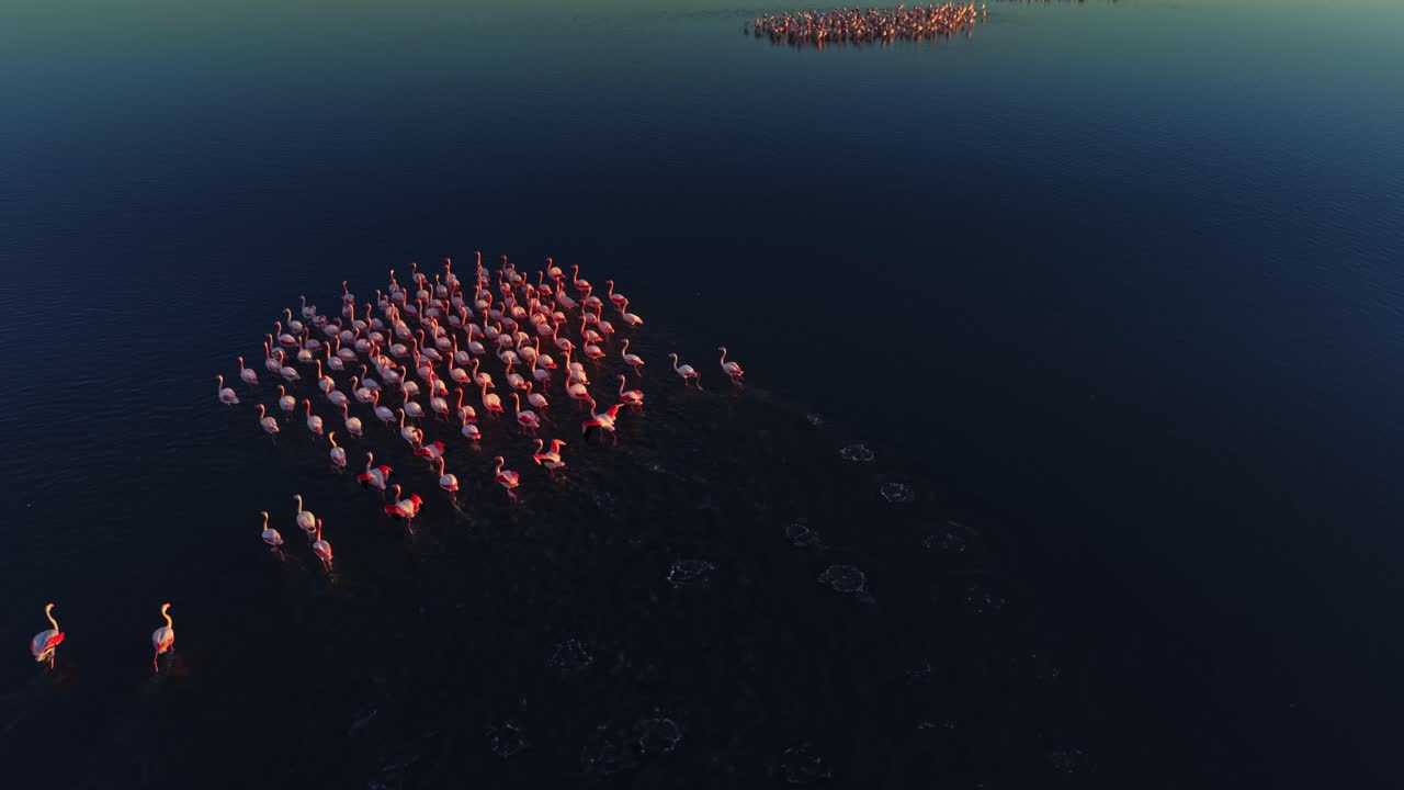 Flamingos gather in a large group at sunset over a calm lagoon