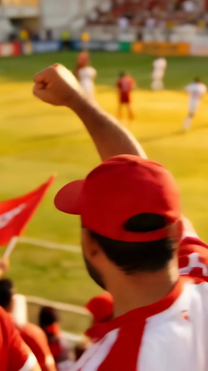Video verticale: Tifoso che applaude con cappellino e maglia rossi, che esulta mentre i giocatori attaccano il campo, con bandiere.