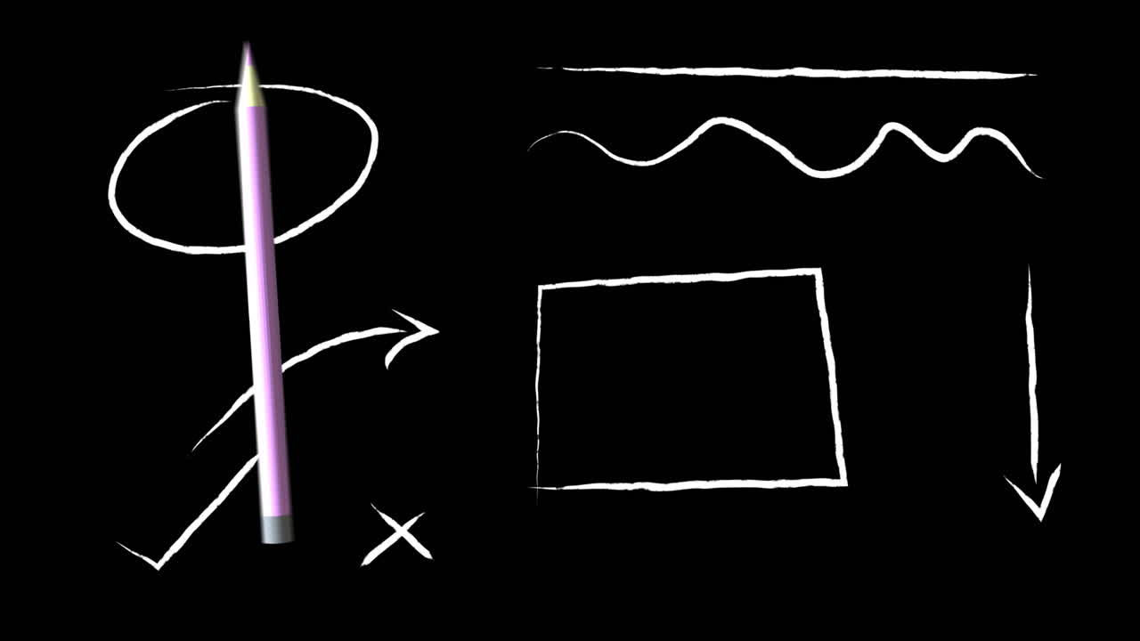 검은색 배경에 연필 움직임과 그림의 애니메이션