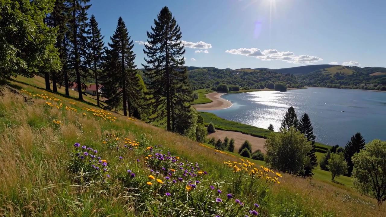 Wunderschöne Naturlandschaften mit See, Bergen und Vögeln