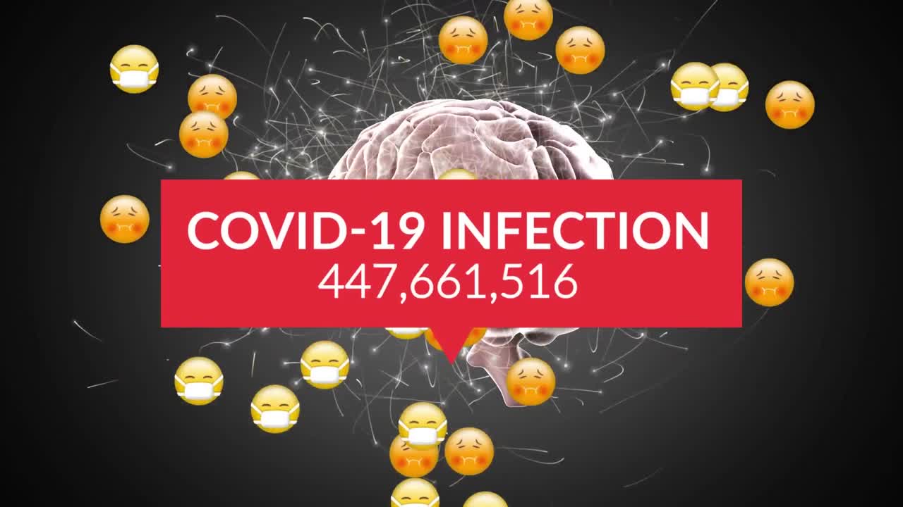 texto de covid-19 con el aumento de las infecciones y emojis faciales cayendo contra el giro del cerebro humano
