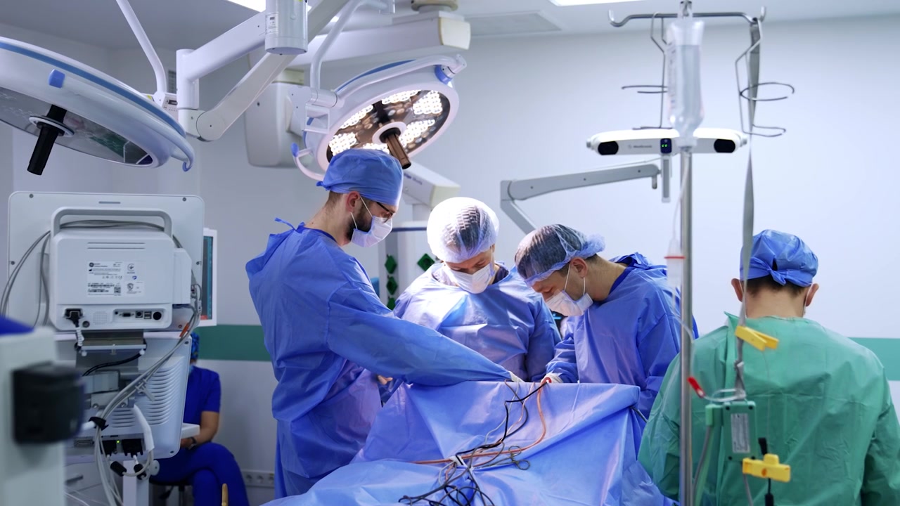 Neurosurgical operation performed by the professional team of doctors. Surgery on brain in modern well-equipped surgical room.