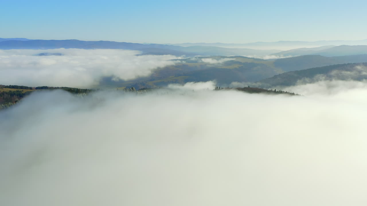 안개가 자욱한 산봉우리 위로 공중 촬영, 숲 속의 작은 개간