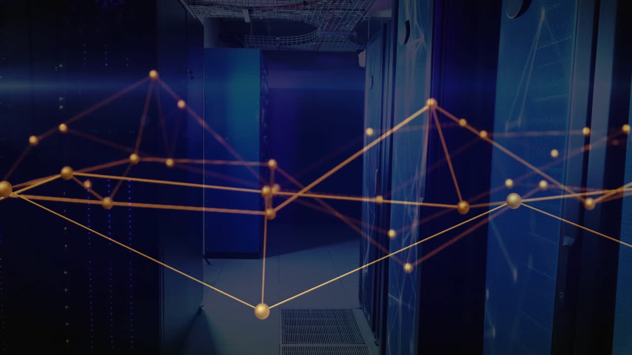 Floating network graph hovering across data center corridor, showing server racks, glowing cables