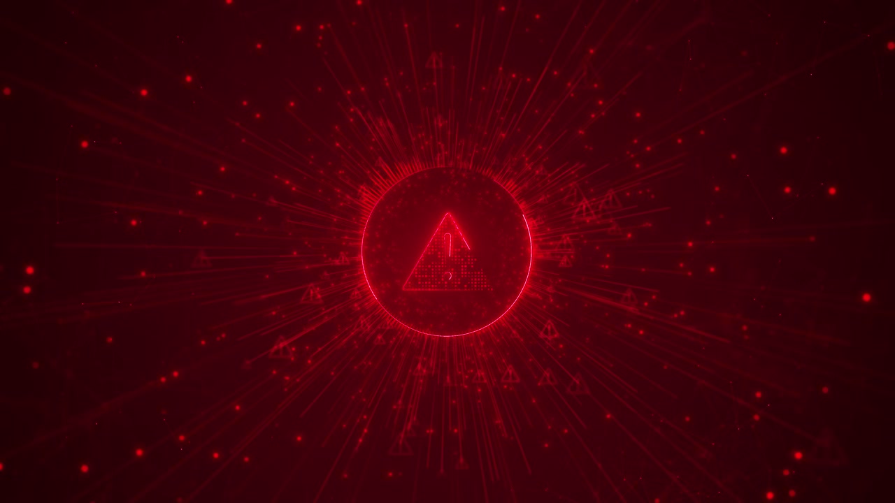 Red cyber warning alert background with glowing danger triangle burst rays and dark security