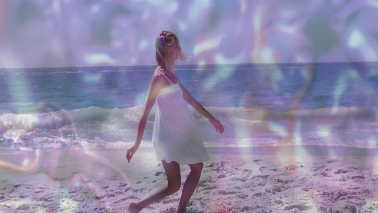 woman dancing barefoot along shore, surrounded by dreamy pastel light reflections in 3D render