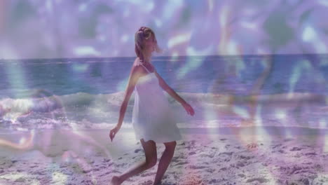 woman dancing barefoot along shore, surrounded by dreamy pastel light reflections in 3d render