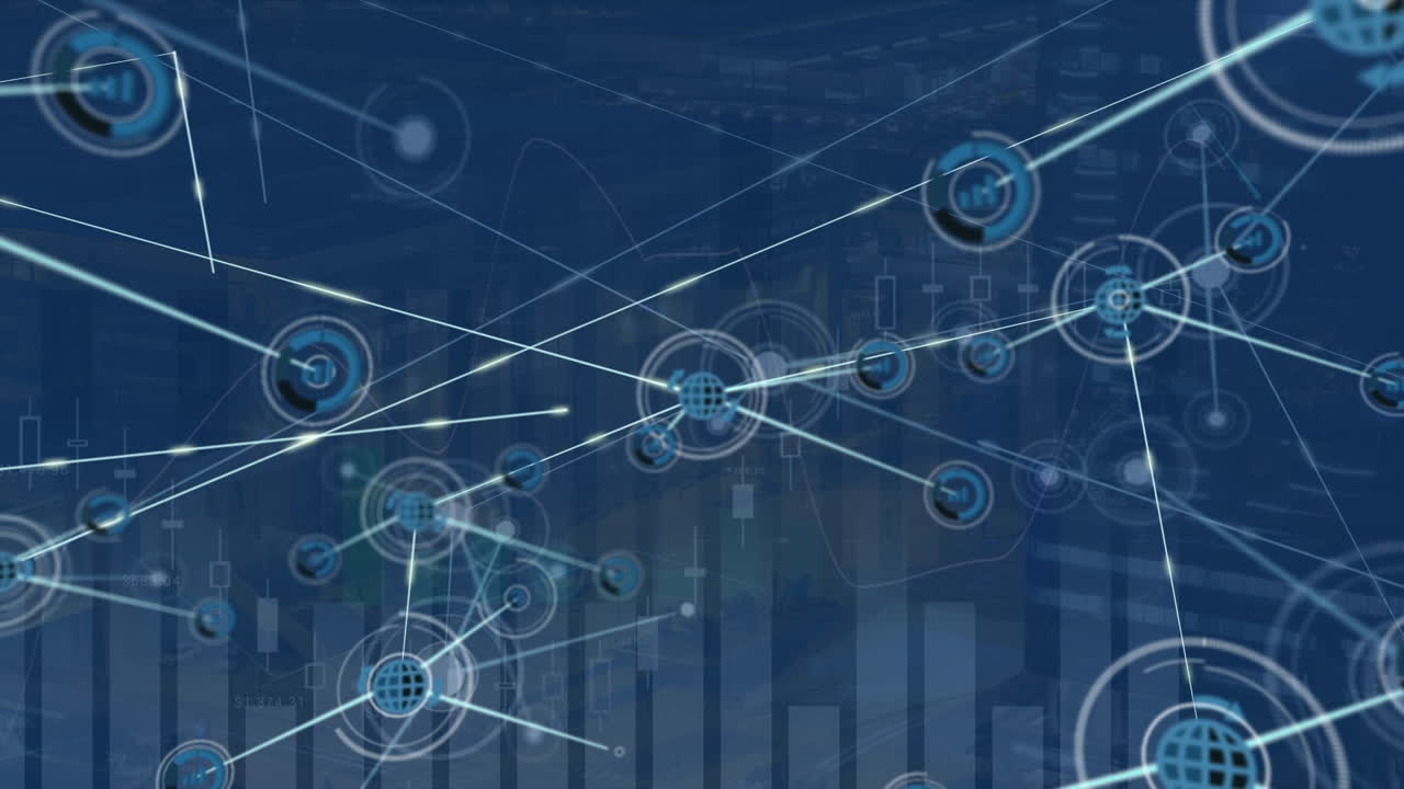 Animation of network of globe icons connecting with lines against bar graph