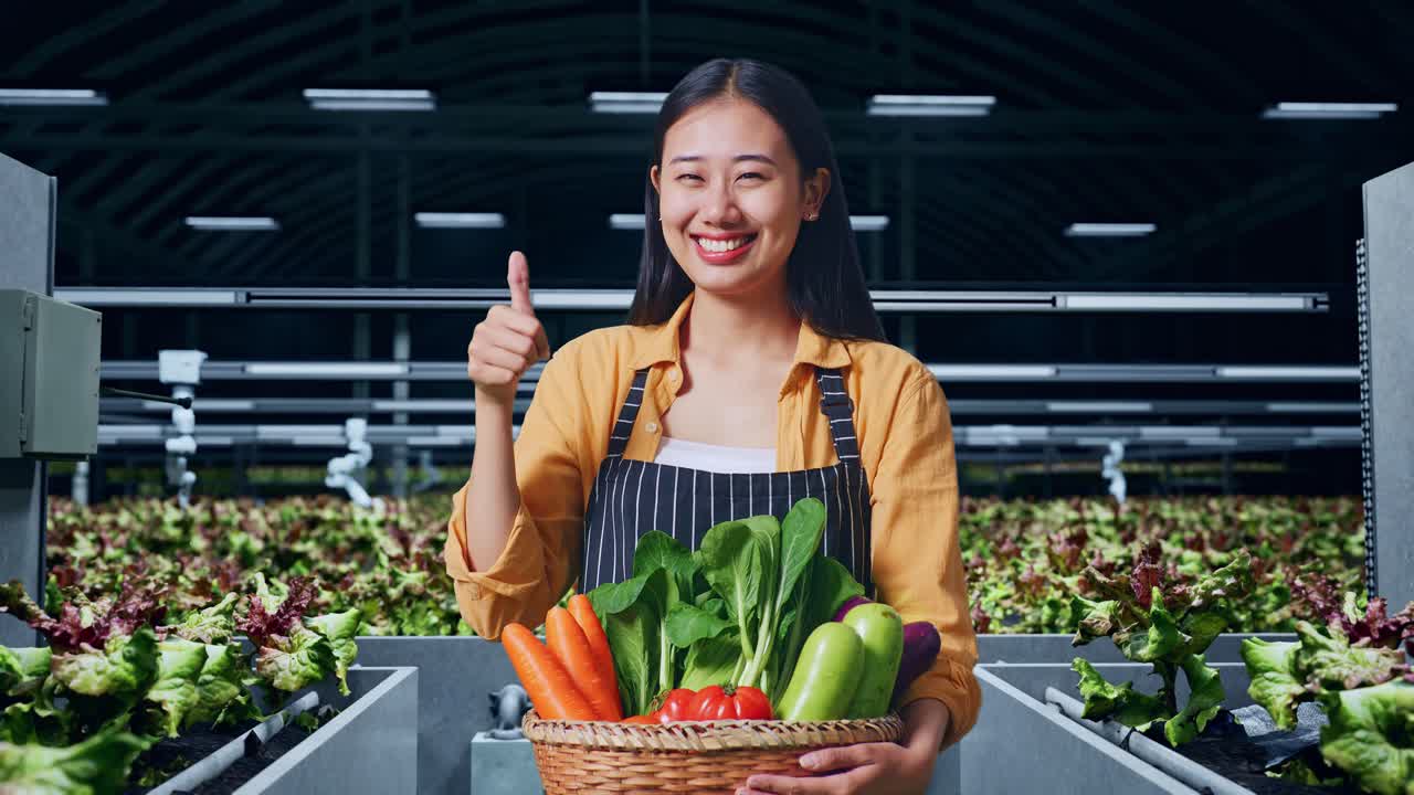 아시아 여성 농부 가 채소 바구니 를 들고 엄지손가락 을 올려 놓고 스마트  에 서 있는 동안 미소 짓고 있다