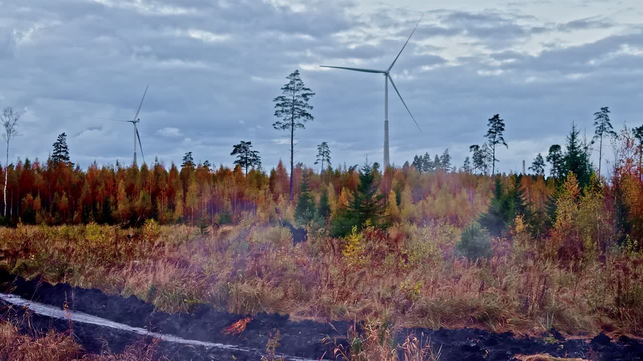 Wind turbines rise above vibrant autumn trees and muddy foreground under a cloudy sky