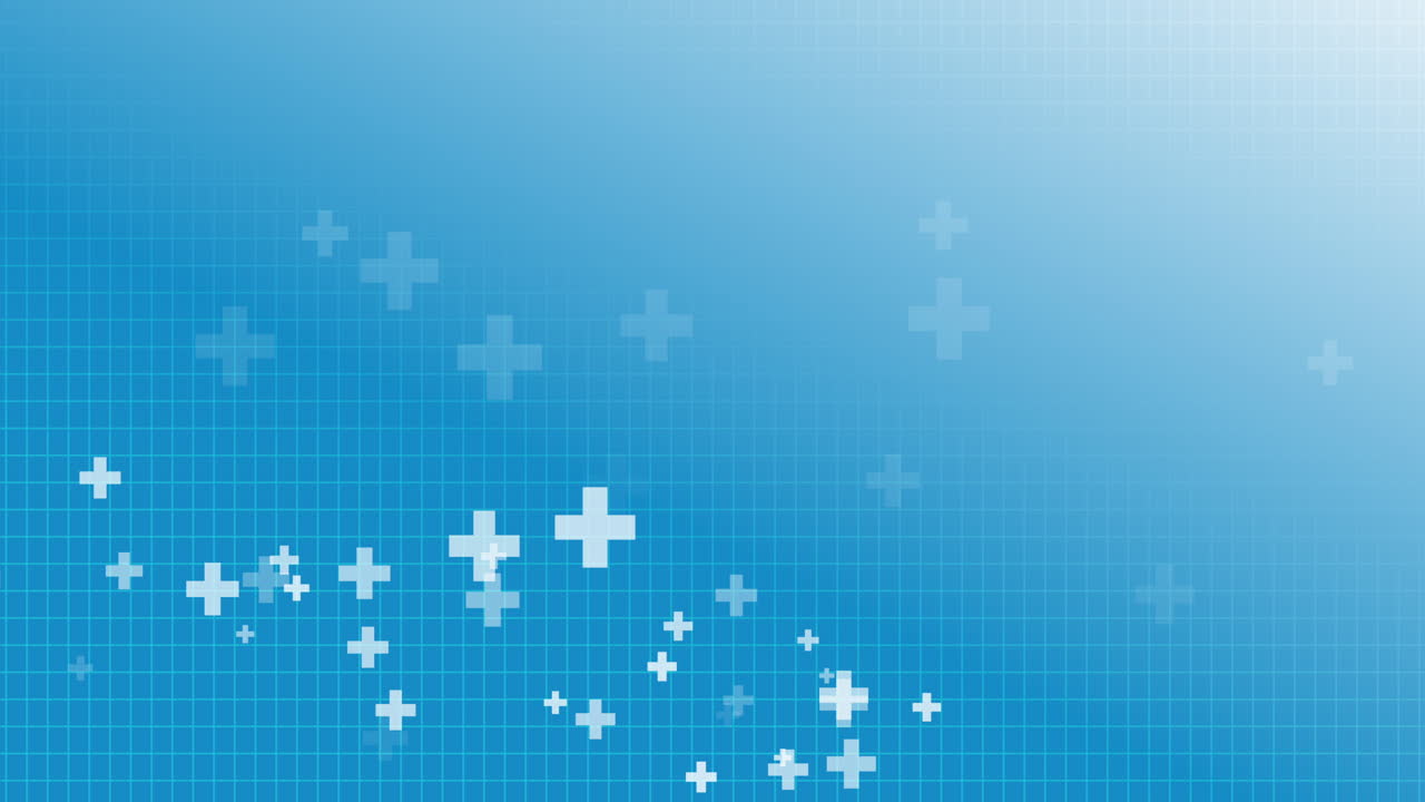 Abstract animated medical-themed frame with floating crosses on a blue background with a grid. Copy space. Looped motion graphic.