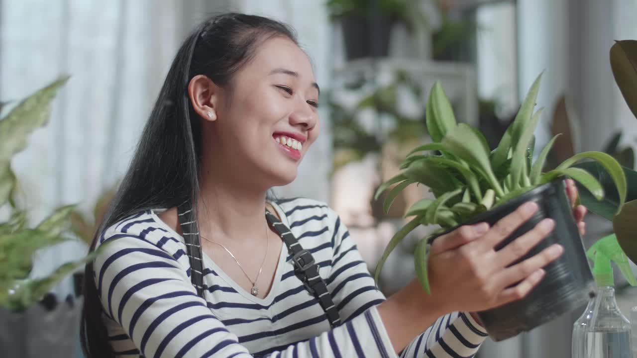 웃는 아시아 여성이 손으로 식물을 보고 머리를 흔들고 있는 근접한 측면 시각