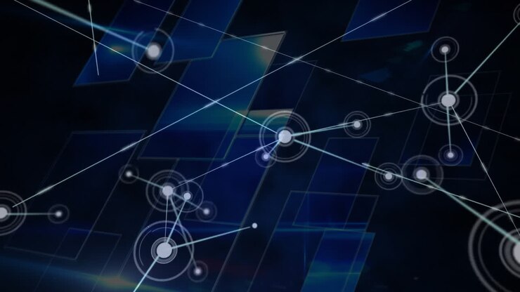 Animation of network of connections with spots over dark background