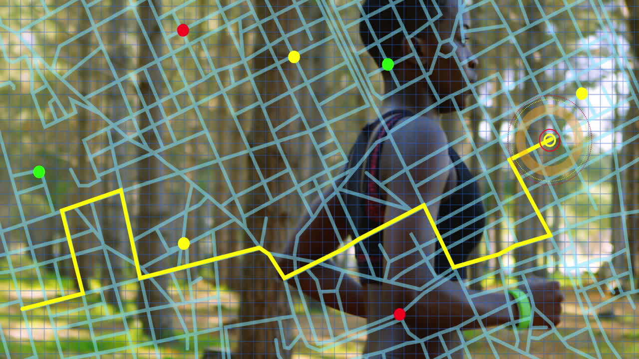 아프리카계 미국인 피트 여성이 공원에서 달리고 있는 지도 내비게이션 라인 계획