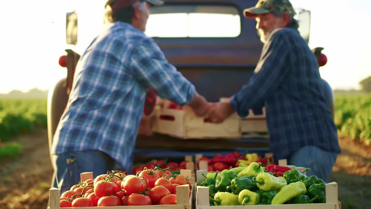 Harvesting Fresh Produce: Two Farmers Collaborating to Load a Vintage Truck with Bountiful Vegetables and Ripe Tomatoes at Sunset