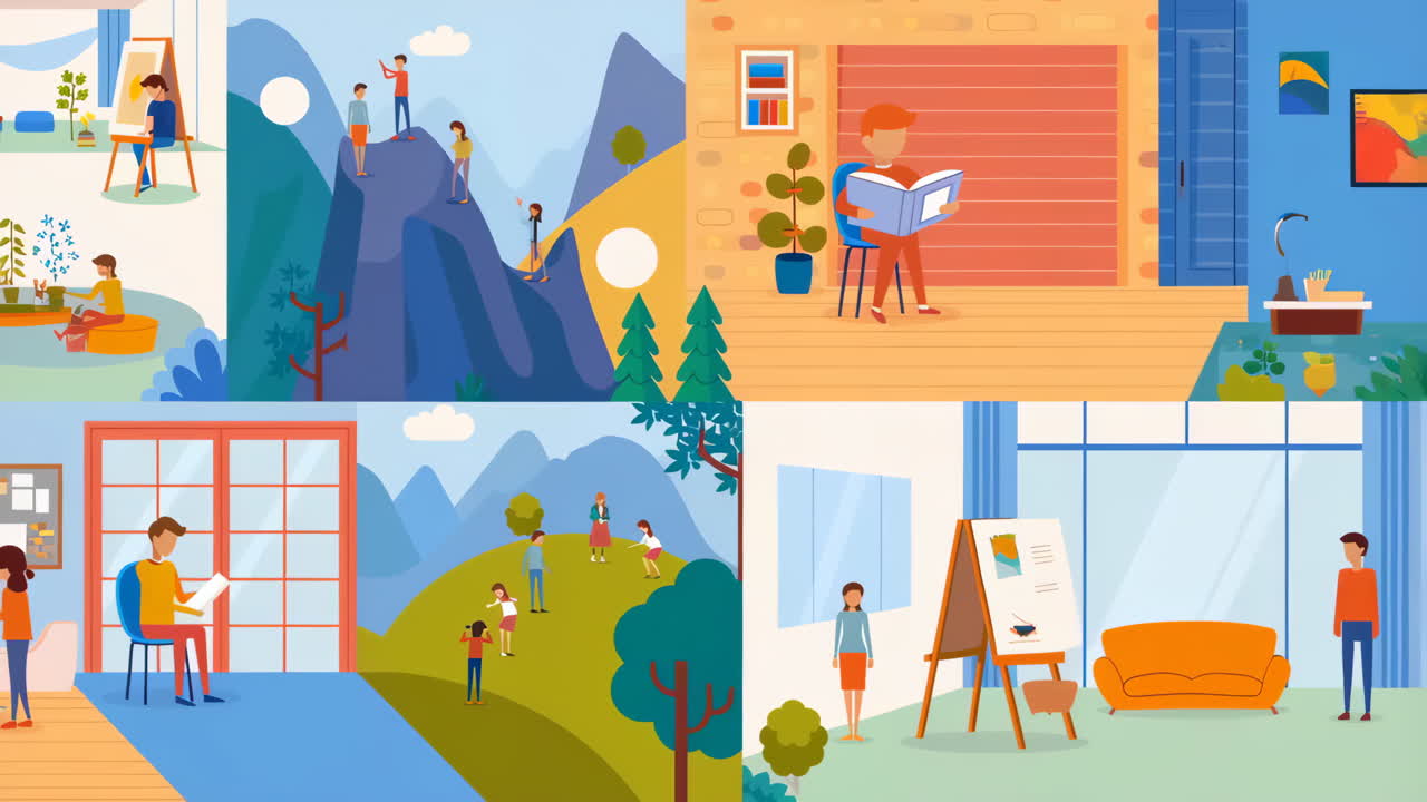 Illustrations of people engaged in diverse creative, learning, and outdoor activities