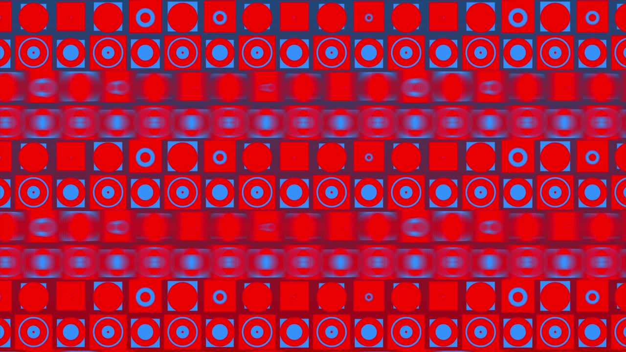 This minimalistic motion graphic animation features bold red and blue geometric shapes moving fluidly across a clean background.