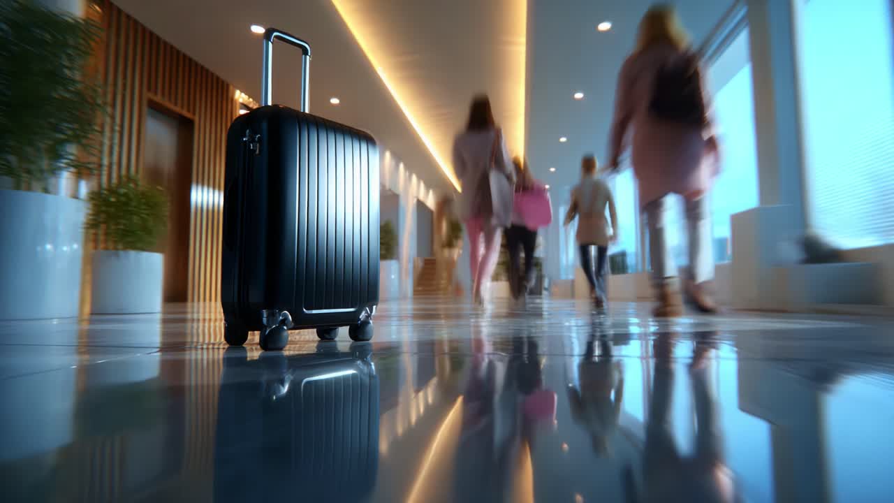 A sleek, black suitcase stands alone on polished floors, capturing reflections while crowds of travelers pass by in a modern airport terminal setting, illustrating the bustling atmosphere of travel and movement