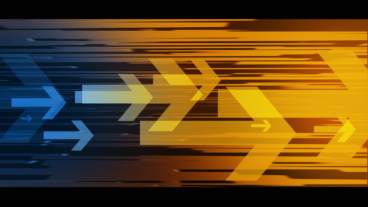 Abstract geometric background with animated blue and yellow arrows and lines in a black frame. Looped motion graphics.