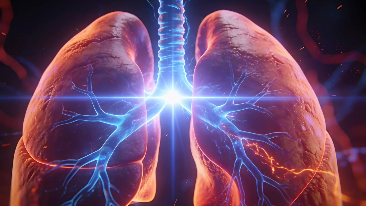 Polmoni animati con una scia che inizia a inviare impulsi lungo i bronchi, mostrando la trachea che si illumina nel vuoto oscuro
