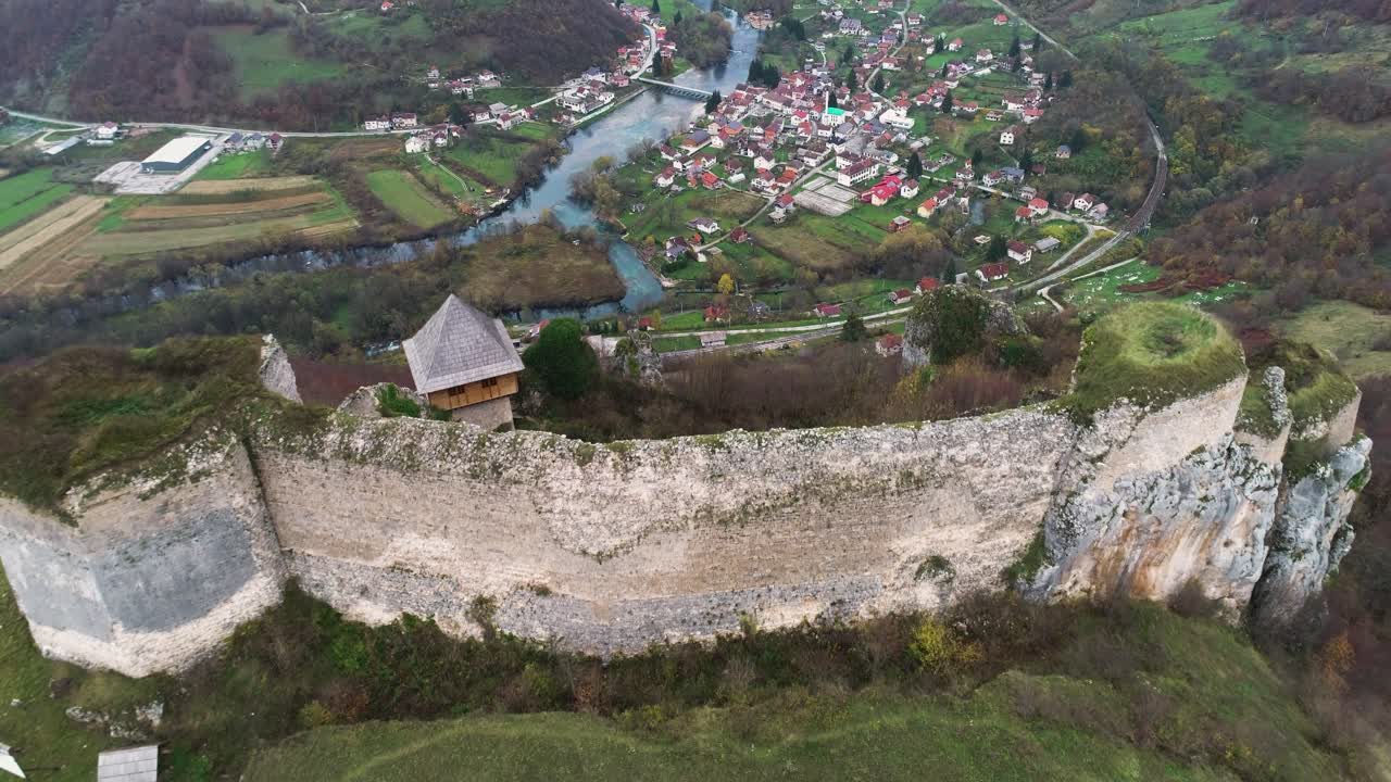 Fly over Ostrovica castle on a ridge overlooking Una river and Kulen Vakuf