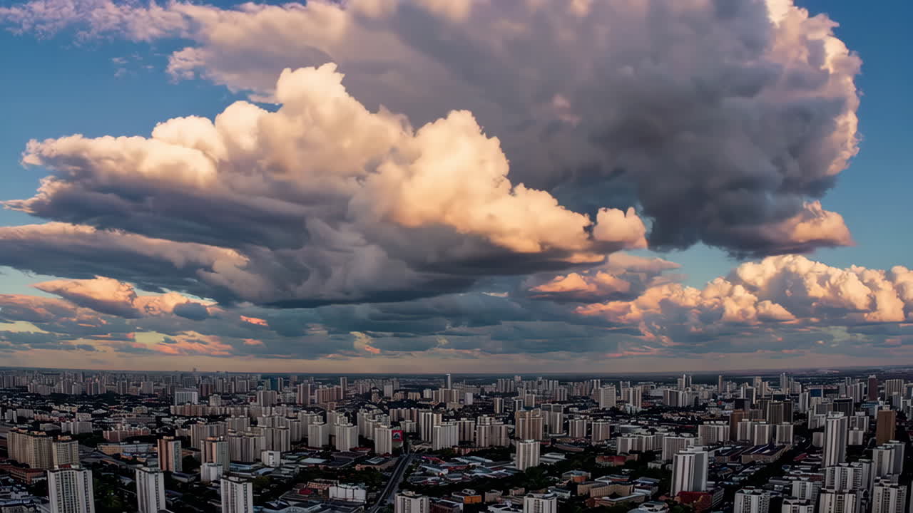Sunset Over a City with Dramatic Clouds