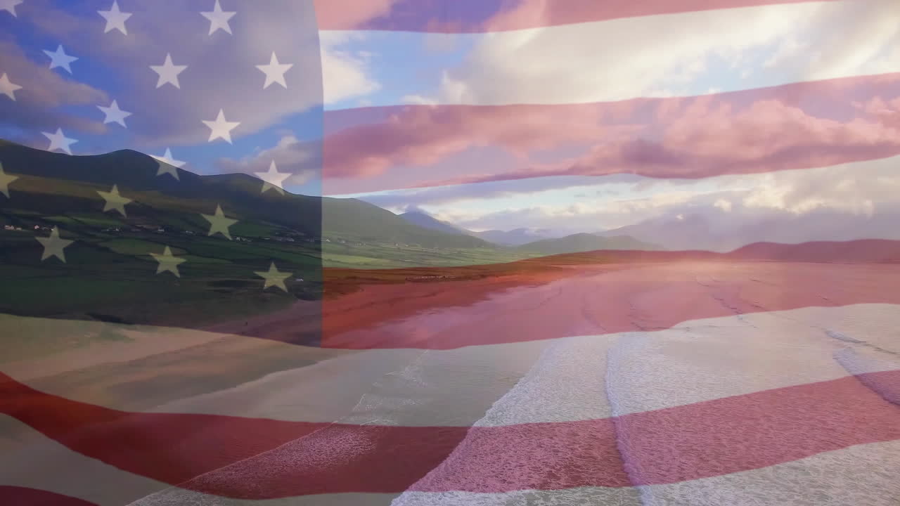 animación de la bandera de los estados unidos ondeando sobre el paisaje marino
